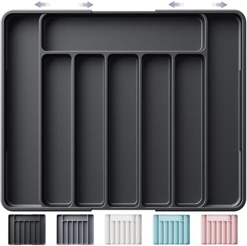 Kitsure Cutlery Drawer Organiser for Kitchen - Adjustable Cutlery Tray for Effortless Utensil Sorting, Versatile Kitchen Storage & Organisation Solution, 13.70" x 1.54" x 10.94"~20.08", Black - Image 1