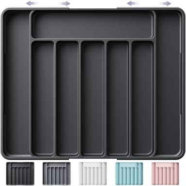Kitsure Cutlery Drawer Organiser for Kitchen - Adjustable Cutlery Tray for Effortless Utensil Sorting, Versatile Kitchen Storage & Organisation Solution, 13.70" x 1.54" x 10.94"~20.08", Black - Image 1