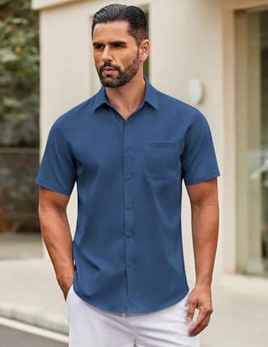 COOFANDY Men Summer Short Sleeve Button Down Stretch Dress Shirt Casual Stylish Slim Fit Muscle Fit Dress Shirt Blue - Image 2