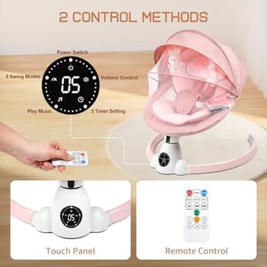 Uuoeebb Baby Swing for Infants, Portable Electric Baby Swings with Bluetooth, 5 Swing Speed, 10 Lullabies, 5-Point Harness, Remote Control & Touch Panel - Infant Swing for Indoor & Outdoor Use, Pink - Image 6