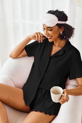 Ekouaer Pajamas Set for Women Short Sleeve Sleepwear Button Down Pjs Lounge Sets Soft Nightwear Black X-Large - Image 3