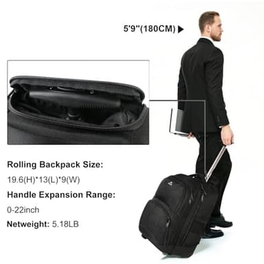 MATEIN Rolling Backpack, 17 inch Water Resistant Wheeled Laptop Backpack, Carry on Luggage Business Bag, Overnight College Computer Bag Trolley Suitcase for Men Women Adults to Travel, Black - Image 6
