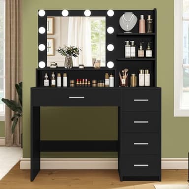 Quimoo Makeup Vanity Desk with Mirror & Lights, Vanity Desk with 5 Drawers & Storage Shelves, Vanity Table, 3 Color Modes & Adjustable Brightness Dressing Table, Bedroom, Black - Image 1