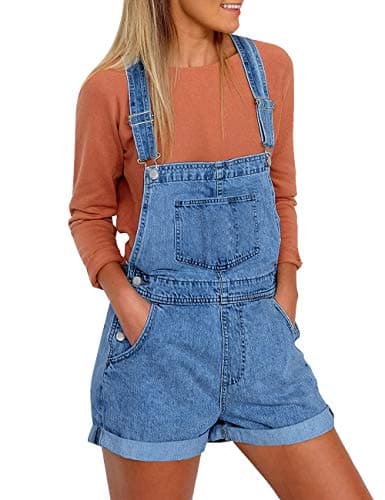 Vetinee Women's Medium Denim Blue Classic Adjustable Straps Cuffed Hem Denim Bib Overall Shorts X-Large - Image 1
