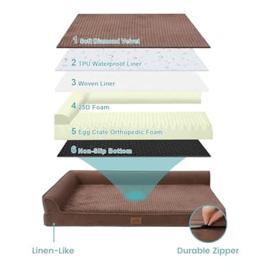 COZY KISS Orthopedic Dog Beds for Extra Large Dogs, XXL Pet Couch for XLarge Dog, Big Supportive Foam Bolster Sofa with Waterproof Lining Cover, Anti-Slip, Washable, L Shape, 48x32x7.5 in, Brown - Image 4