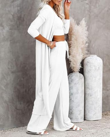 Fessceruna Womens 3 Piece Lounge Sets Pajamas Knit Long Sleeve Cardigan Crop Top Wide Leg Pants Loungewear Set A-white - Image 3