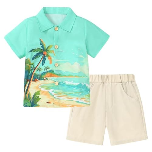 Coco&RARA Toddler Boy Clothes Baby Flamingo Hawaiian Outfits Short Sleeve Shirt + Elastic Waist Shorts Summer Beach Set(Coconut tree + Khaki, 3-4T) - Image 1