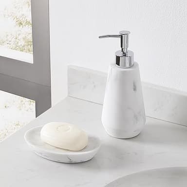 QL DESIGN 4 Piece Modern Bathroom Accessory Set with Marbled Style and Geometric Design Includes Lotion Dispenser, Toothbrush Holder, Tumbler, Soap Dish (Mordern Style Marble) - Image 5