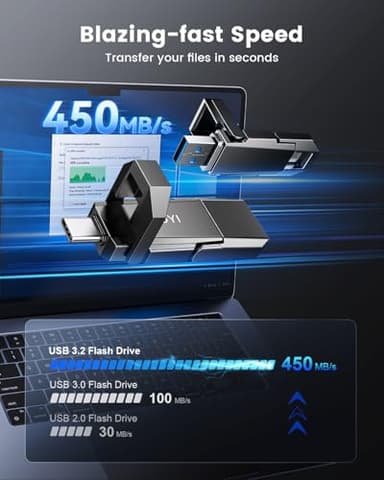 RAOYI 256GB USB C External SSD, 2-in-1 Solid State Drive Up to 450MB/s Dual USB 3.2 + Type-C Thumb Drive Portable SSD Drive for iPhone 15/16/17, Android, Tablet, PC and PS4 - Image 2