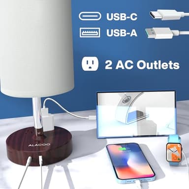Small Bedside Table Lamp for Bedroom - 3 Way Dimmable Touch Lamp with USB Charging Station and AC Outlet, Wood Base & Fabric Linen Lampshade for Office, Living Room, Dorm, Brown-White, (LED Included) - Image 3