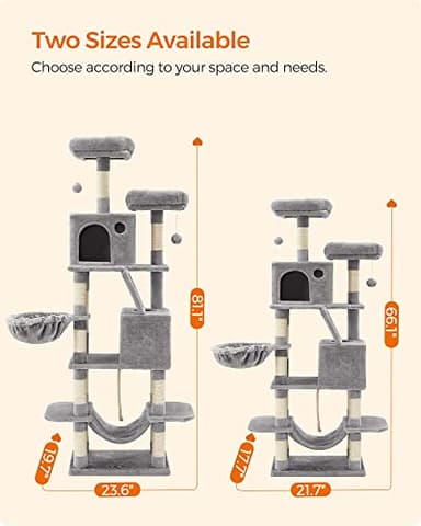 Feandrea Cat Tree, 81.1-Inch Large Cat Tower with 13 Scratching Posts, 2 Perches, 2 Caves, Basket, Hammock, Pompoms, Multi-Level Plush Cat Condo for Indoor Cats, Light Gray UPCT190W01 - Image 8