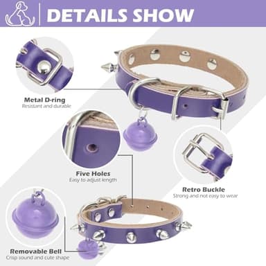 BINGPET Adjustable Leather Spiked Studded Pet Collars,Genuine Leather Dog Collar with Bells,Spiked Cat Puppy Collar,Spikes Soft and Strong Real Leather Made, Adjustable for Small Dogs Puppy Cats - Image 4