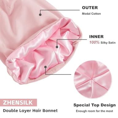 Silk Bonnet for Sleeping Women, Adjustable Silky Satin Lined Sleep Cap, Silk Hair Wrap for Sleep Night Cap for Natural Curly Hair 2PCS(Black&Pink) - Image 4