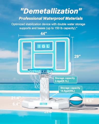 IGL Pool Basketball Hoop Outdoor, 44 Inch Outdoor Poolside Basketball Hoop, Base & Stand Double Water Storage with 2 Ball & Inflator, 18in Stainless Steel Basketball Rim, Fixed Height (44in Backboard) - Image 4