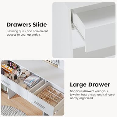 Sweetcrispy Vanity Desk with Adjustable Lighten Mirror & Power Outlet, Makeup Desk for Bedroom with a Storage Cabinet and 3 Drawers, 4 Storage Shelves, White Dresser for Girls - Image 7