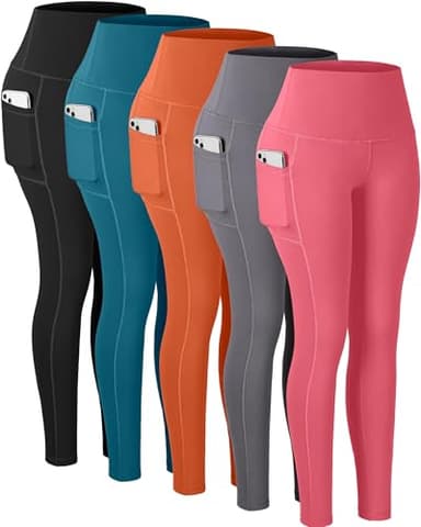 CHRLEISURE Leggings with Pockets for Women, High Waisted Tummy Control Workout Yoga Pants(5 Packs, Black,Gray,Orange,Coral Pink,Blue, 2XL) - Image 1
