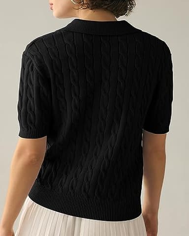Imily Bela Women's Cable Short Sleeve Sweaters Tops Solid Lapel V Neck Knit Casual Soft Pullover Shirt Black - Image 3