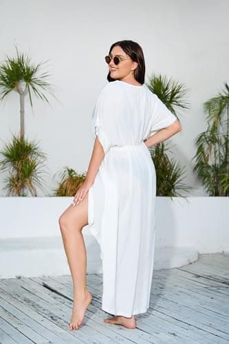 IN'VOLAND Women Plus Size Long Cover up Stripe Bikini Coverups Kimono Tie Front Bathing Suit Swimsuit Beachwear, White, 20W - Image 4