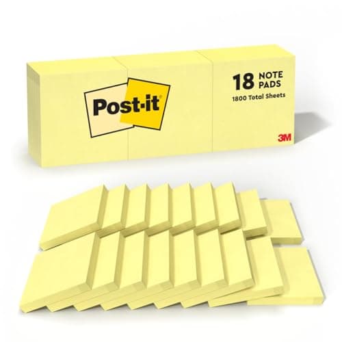 Post-it Notes, 3 in x 3 in, 18 Sticky Notes Pads, 100 Sheets per Pad, The Iconic Canary Yellow Note, School Supplies and Oﬃce Products - Image 1