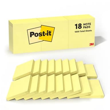 Post-it Notes, 3 in x 3 in, 18 Sticky Notes Pads, 100 Sheets per Pad, The Iconic Canary Yellow Note, School Supplies and Oﬃce Products - Image 1