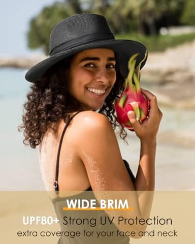FURTALK Sun Hats for Women Men Panama Hat Wide Brim Fedora Straw Beach Hat UV UPF 80+ Beach Vacation Essentials Black - Image 4