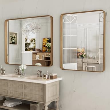 LOAAO 40X36 Inch Bathroom Mirror with Wood Grain Colored Metal Frame, Rounded Rectangle Metal Framed Bathroom Mirror, Anti-Rust, Hangs Horizontally or Vertically, Tempered Glass - Image 4