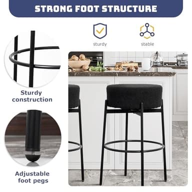 SoarFlash Modern Rotatable Bar Stools Set of 2, 30" Sherpa Swivel Counter Height Stools with Round Soft Padded Boucle Backless Seat, Black - Image 5
