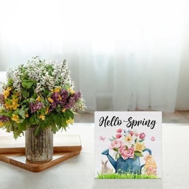 YXSEZ Rustic Wooden Spring Decorative Sign - 5 x 5 Inches - Floral Theme - Tabletop - Hello Spring - Image 7