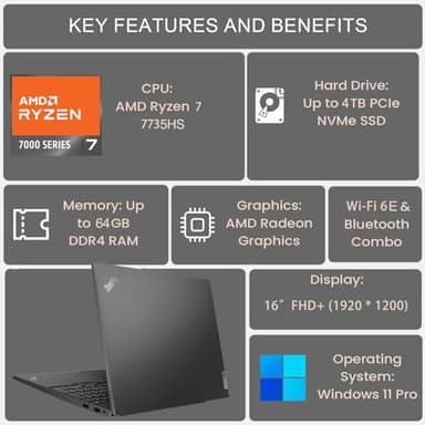 Lenovo ThinkPad E16 G2 Business Laptop Computer, 16" FHD+, AMD 8-Core Ryzen 7 7735HS (Beat i7-1360P), 32GB DDR5, 1TB PCIe SSD, WiFi 6E, Fingerprint Reader, Backlit Keyboard, Windows 11 Pro(Renewed) - Image 2
