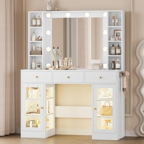 Wodeer Makeup Vanity Desk with Mirror and Lights, White Vanity with Glass Top, LED Lights & Power Outlet, 3 Drawers & 2 RGB Glass Cabinets, Adjustable Lighted Dressing Table for Women & Girls Bedroom - Image 1