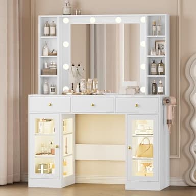Wodeer Makeup Vanity Desk with Mirror and Lights, White Vanity with Glass Top, LED Lights & Power Outlet, 3 Drawers & 2 RGB Glass Cabinets, Adjustable Lighted Dressing Table for Women & Girls Bedroom - Image 1