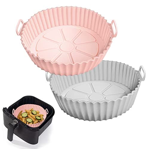 2 Pack Air Fryer Silicone Liners for 5 QT or Bigger,Silicone Air Fryer Liners Inserts,Replacement of Flammable Parchment Paper,Reusable Baking Tray Oven Accessories,Pink+Grey(Top8.66in, Bottom7.48in) - Image 1