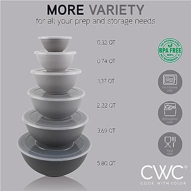 COOK WITH COLOR Plastic Nesting Mixing Bowls Set - 12 Piece includes 6 Prep Bowls and 6 Lids, Microwave Safe (Gray Ombre) - Image 4