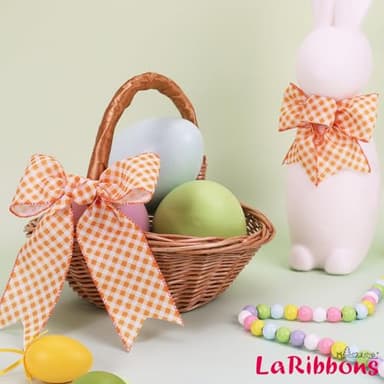 LaRibbons Easter Bunny Wired Ribbon 2 Rolls 2.5 Inch x 12 Yards TTL, Orange Easter Ribbon Plaid for Baskets Crafts Spring Wreath Gift Wrapping Bow Decoration - Image 3