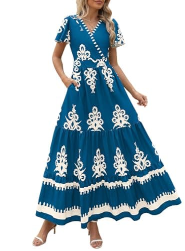 PRETTYGARDEN Womens 2025 Summer Casual V Neck Boho Maxi Dress Flowy Aline Bell Sleeve Tiered Floral Dresses with Pocket (Floral Lake Blue White,Small) - Image 1