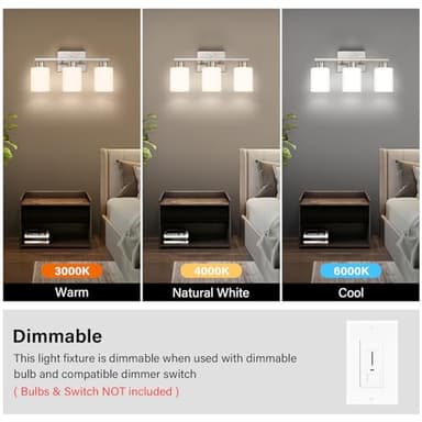 FonmYim Brushed Nickel Bathroom Light Fixtures, 3-Light Modern Vanity Light Over Mirror, Wall Sconces with Milky White Frosted Glass Shades, E26 Socket (Bulbs Not Included) - Image 6
