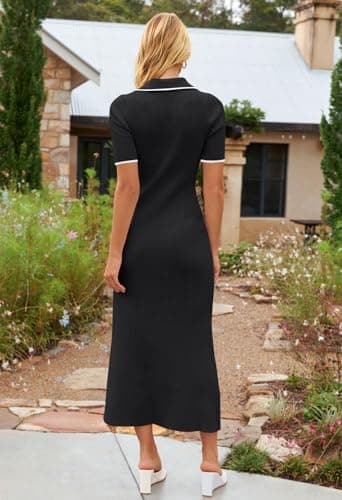 MEROKEETY Women's V Neck Ribbed Knit Maxi Dress Button Short Sleeve Slim Fit Bodycon Sweater Dress, Black, Small - Image 4