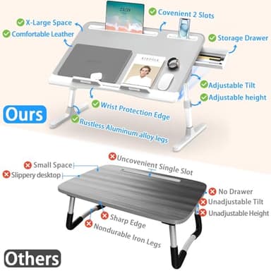 Laptop Bed Desk, X-Large Leather Adjustable Computer Bed Table Tray, Foldable Laptop Lap Desk for Bed Sofa Couch Floor Writing Eating Working with Drawer 2 Movable Stoppers (23.6 inch, Grey) - Image 5