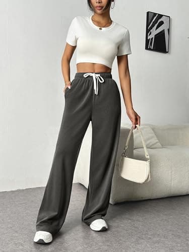 PINSPARK High Waisted Sweat Pants for Women Lounge Wide-Leg Sweatpants Lightweight Drawstring Sweatpant with Side Pockets Large, Heather Dark Grey - Image 2