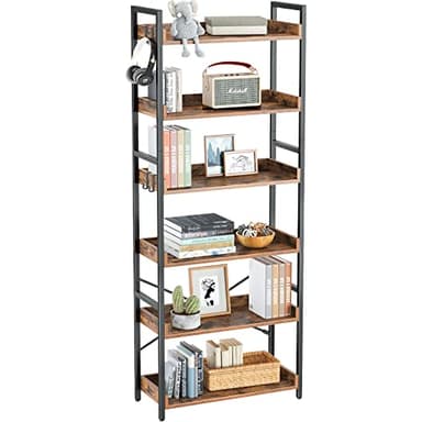 Rolanstar Bookshelf 6 Tier with 4 Hooks, Industrial Wood Bookcase, Vintage Storage Rack with Open Shelves, Rustic Standing Bookshelves Metal Frame Display Rack for Living Room, Bedroom, Rustic Brown - Image 9