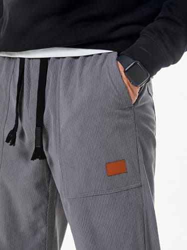 JMIERR Mens Corduroy Pants Elastic Waist Drawstring Stretch Tapered Joggers Sweatpants Work Cargo Pants with Multi Pockets,US34(M),Gray - Image 8