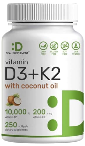 DEAL SUPPLEMENT Vitamin D3 10,000 IU + K2 MK7 200mcg Softgels, 250 Count | 2-in-1 Complex with Virgin Coconut Oil | Supports Heart, Bone, Teeth & Immune Health | Easy to Swallow - Image 1