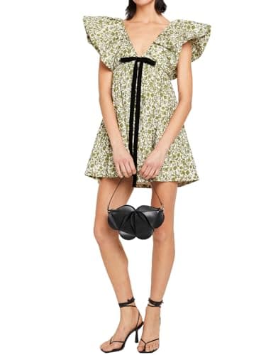 hibshaby Women's Floral Print Mini Dress V Neck Puff Sleeve Dresses Short Babydoll Bow Dress XS - Image 5