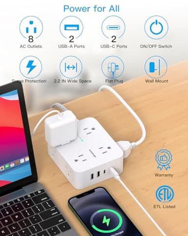Flat Plug Extension Cord with Multiple Outlets, HANYCONY 1080J Surge Protector Power Strip with 8 AC Outlets 4 USB Ports (2 USB-C), 3-Sided Outlet Extender Ideal for Home Office Dorm Room Essentials - Image 6
