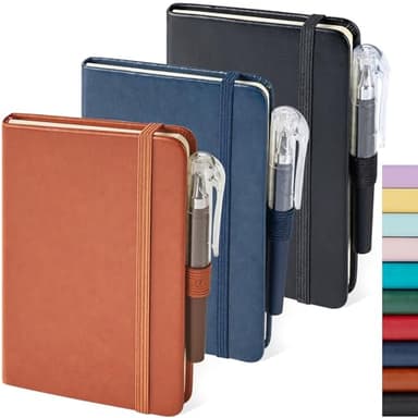 NIRMIRO 3 Pack Pocket Notebook Journals, Small Notepad Notebooks for Note Taking, A6 Mini Note pads with Pen Holder, 408 Lined Pages, 3.7" x 5.7", Black, Brown, Blue - Image 1