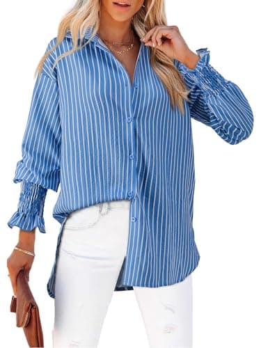 Gleeivy Puff Long Sleeve Button Down Striped Shirt Casual Oversized Boyfriend Tunic V Neck Collar High Low Hem Dressy Business Fashion Clothes Office Work Fashion Spring Outfits Blue Striped Small - Image 1