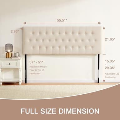 Huatean Home Tufted Upholstered Headboard Full Size, Solid Wood Head Board with Durable Metal Legs, Adjustable Height Full XL headboard from 37” to 51” Fabric Headboard in Modern Button Design, Beige - Image 2