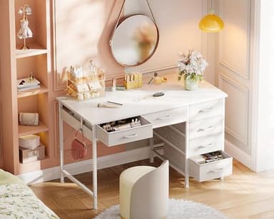ODK Computer Desk with 6 Drawers, 40 Inch Small Desk with Storage, Reversible Desk with Headphone Hook for Home Office, Work Study Table for Bedroom, White - Image 6