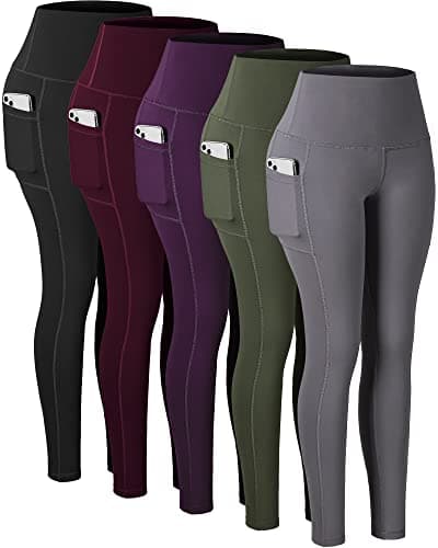 CHRLEISURE Leggings with Pockets for Women, High Waisted Tummy Control Workout Yoga Pants(5 Packs, Black,Gray,Green,Purple,Cassis, XL) - Image 1