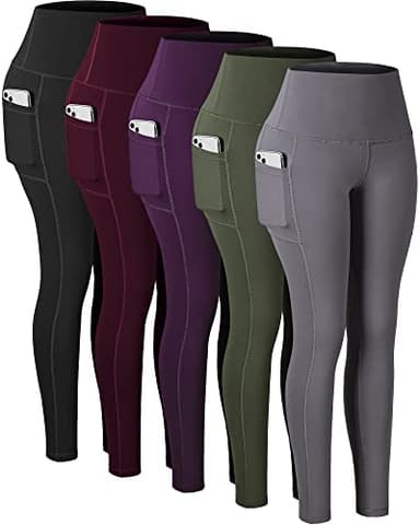 CHRLEISURE Leggings with Pockets for Women, High Waisted Tummy Control Workout Yoga Pants(5 Packs, Black,Gray,Green,Purple,Cassis, XL) - Image 1